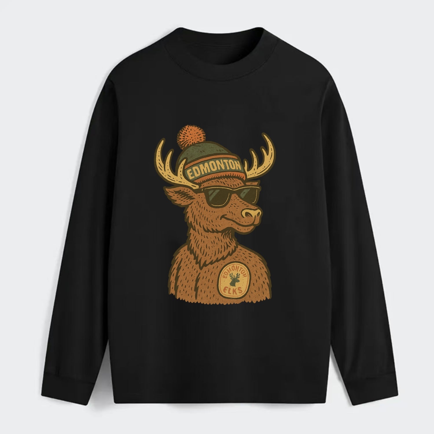 Edmonton Elk wearing Edmonton beanie with pom pom and wayfarer - Classic Long Sleeve Shirt - Black