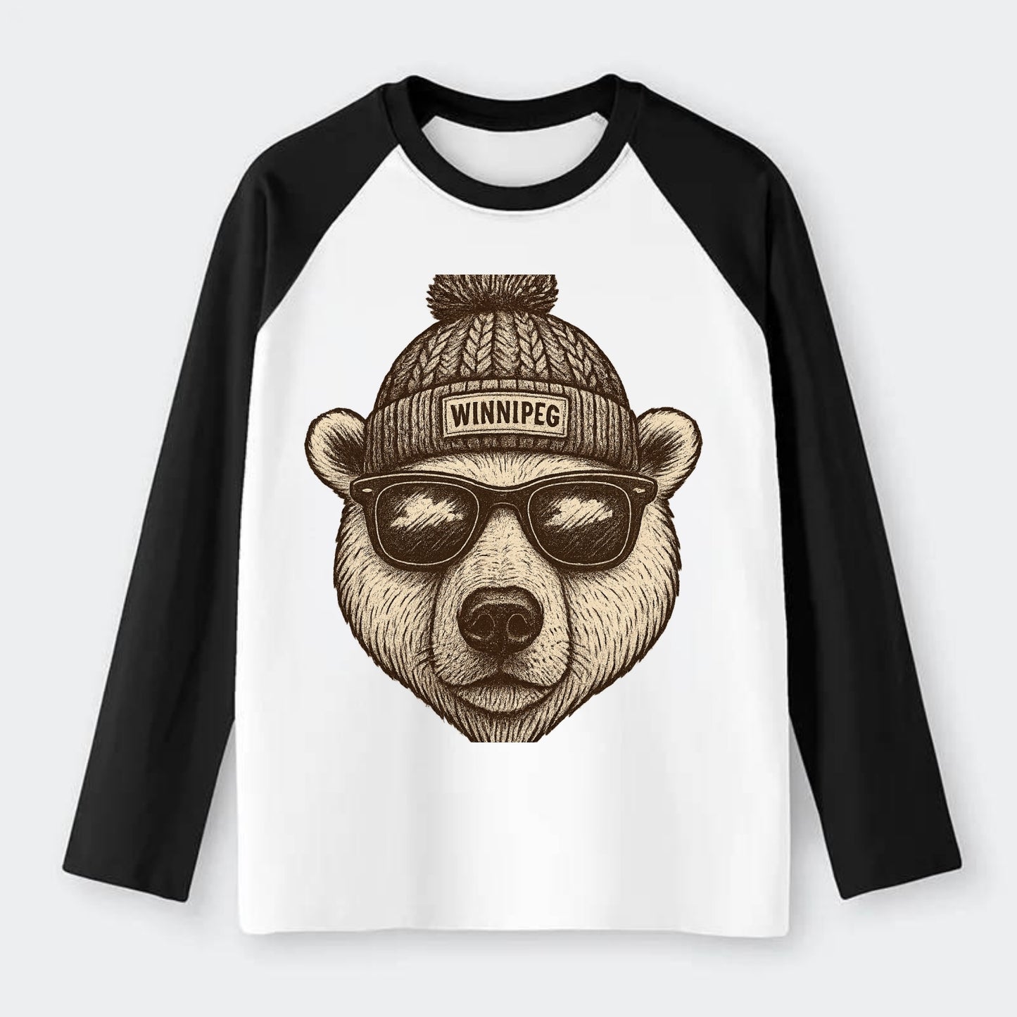 Winnipeg Polar Bear wearing Winnipeg beanie with pom pom and wayfarer - Raglan Long Sleeve T-Shirt - Black