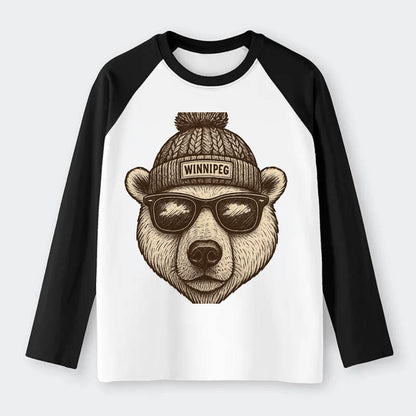 Winnipeg Polar Bear wearing Winnipeg beanie with pom pom and wayfarer - Raglan Long Sleeve T-Shirt - Black