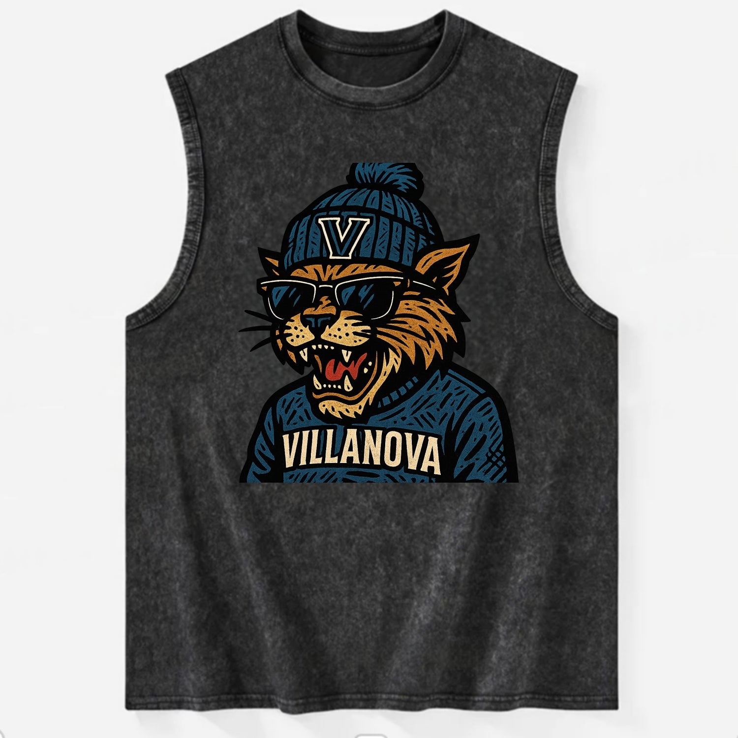 Villanova Wildcat wearing Villanova beanie with V patch - Vintage Washed Tank - Black