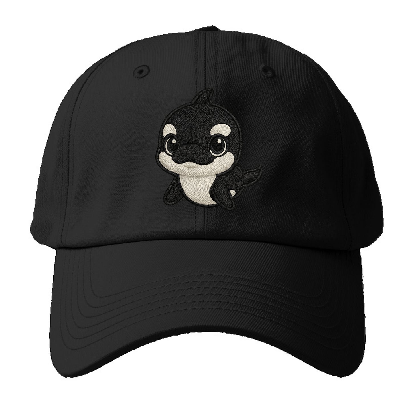 Baby Orca - black and white pattern, white eye patch, front-facing, curious and - Baseball Cap - Black