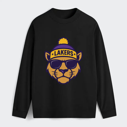 LA Mountain Lion wearing Lakers purple and gold beanie with - Classic Long Sleeve Shirt - Black