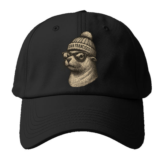 San Francisco Sea Lion wearing San Francisco beanie with pom pom and wayfarer - Baseball Cap - Black