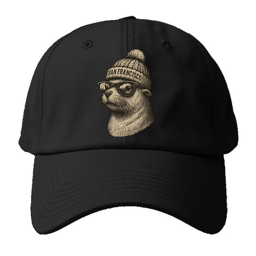 San Francisco Sea Lion wearing San Francisco beanie with pom pom and wayfarer - Baseball Cap