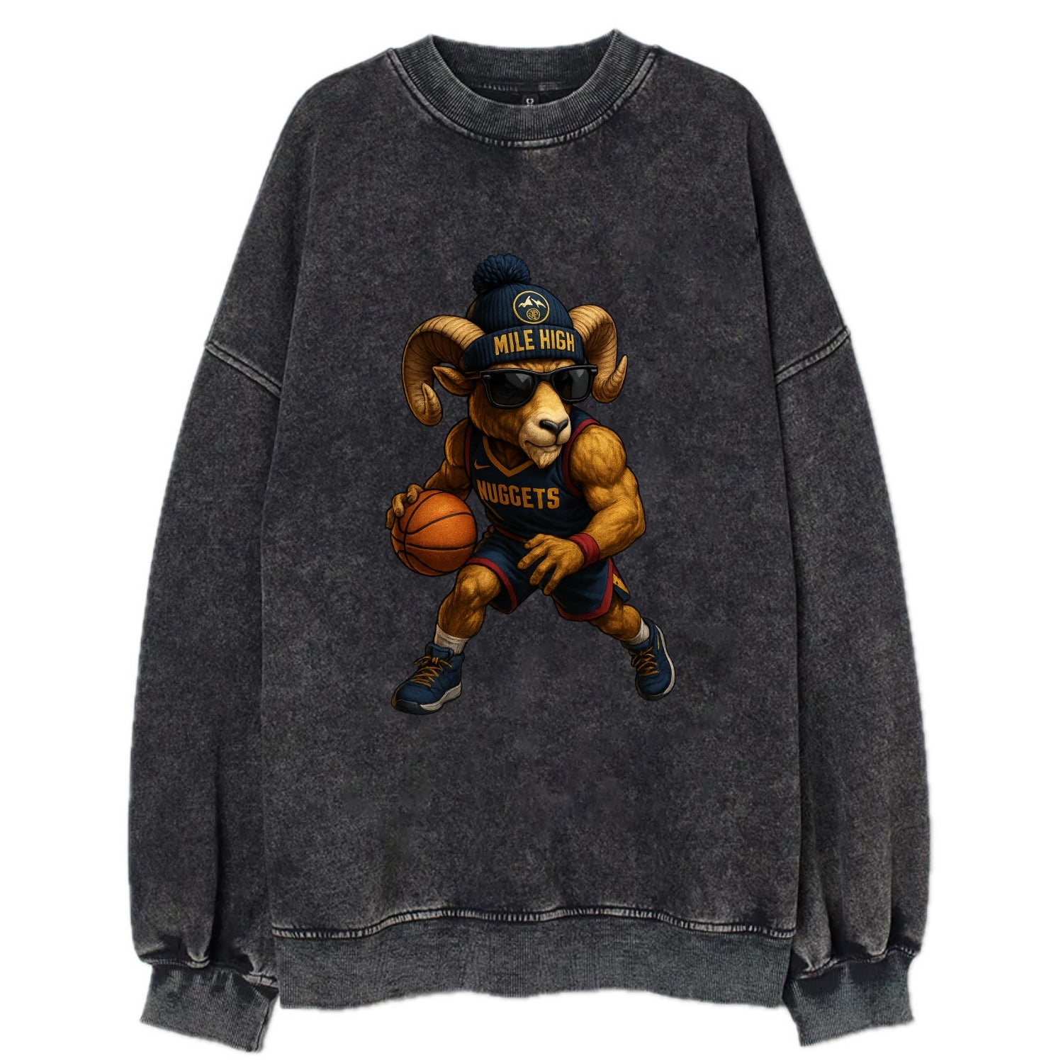 Mile High Bighorn wearing Nuggets beanie with mountain patch and wayfarer - Vintage Sweatshirt - Black