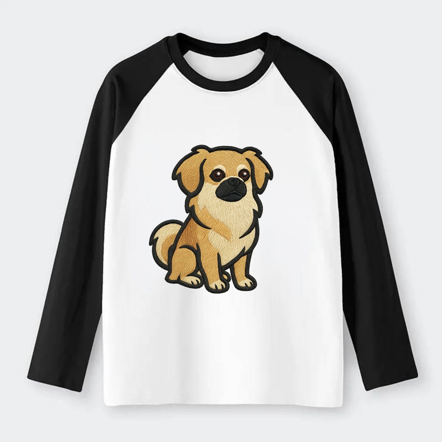 Tibetan Spaniel - Fawn small dog embroidered design - Raglan Long Sleeve T-Shirt - Black