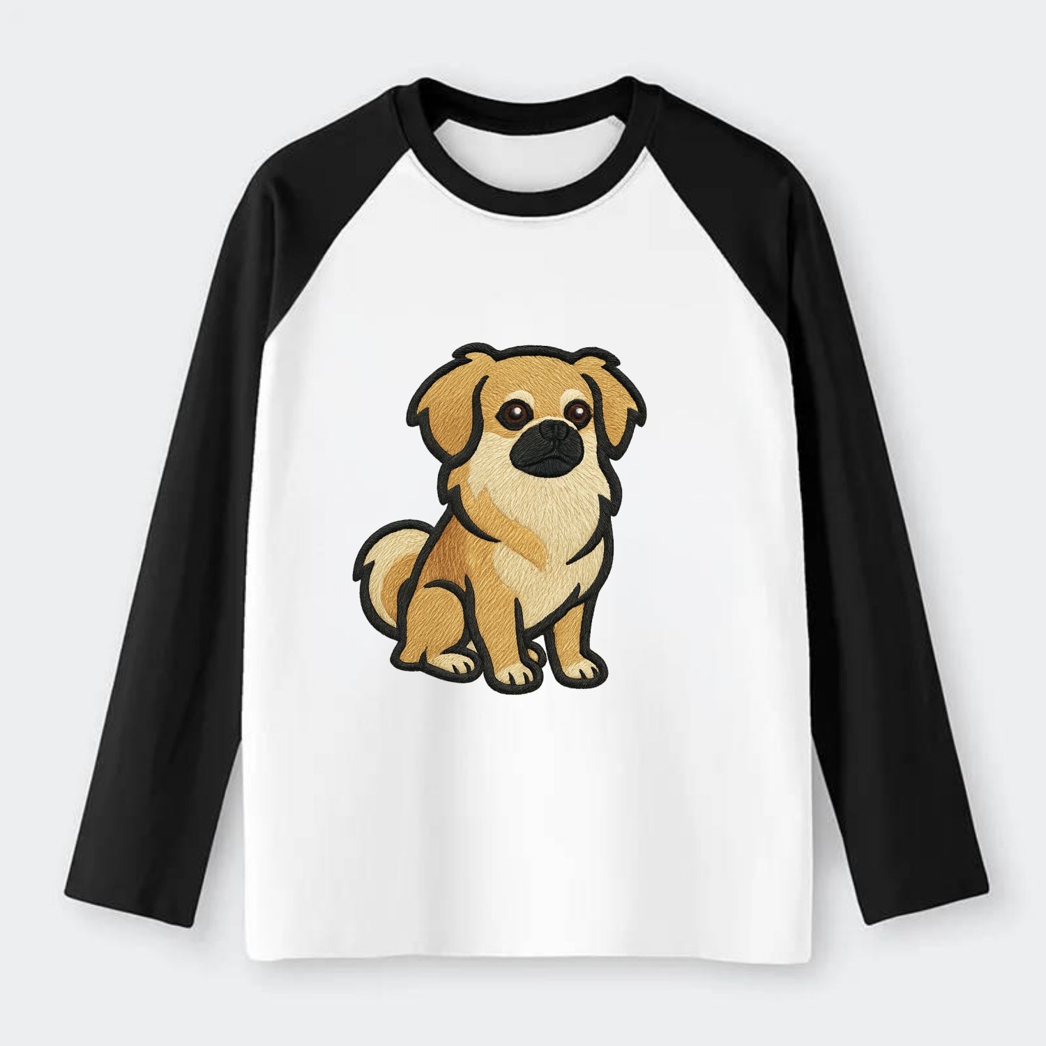 Tibetan Spaniel - Fawn small dog embroidered design - Raglan Long Sleeve T-Shirt - Black