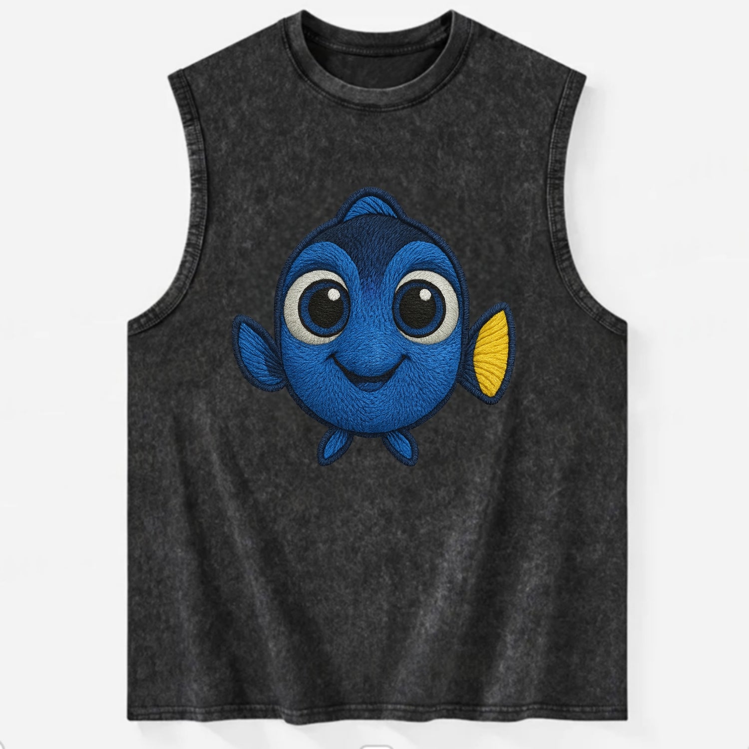 Baby Blue Tang - bright blue with yellow tail, big eyes, front-facing, - Vintage Washed Tank - Black