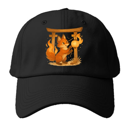 Foxfire kitsune stringing lanterns along a torii gate with tails of living flame - Baseball Cap - Black
