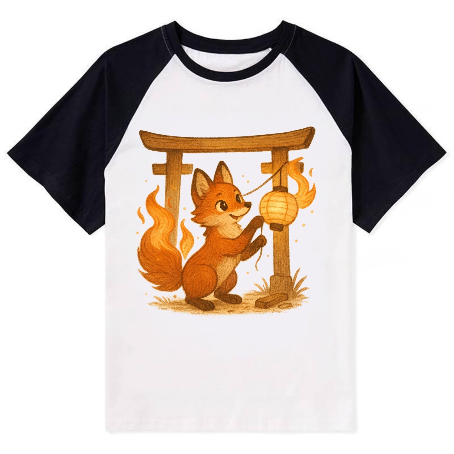 Foxfire kitsune stringing lanterns along a torii gate with tails of - Contrast Raglan T-shirt - Black