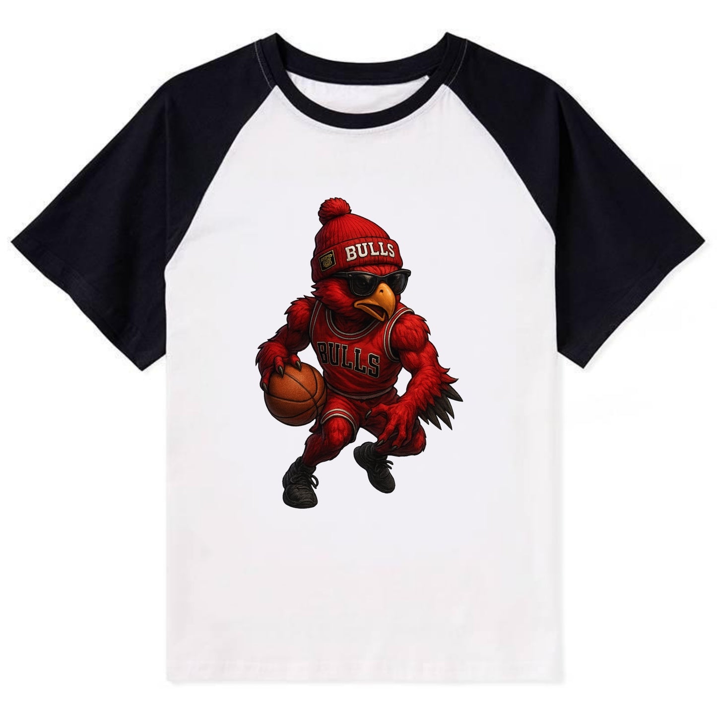 Windy City Hawk wearing Bulls beanie with six rings patch and wayfarer - Contrast Raglan T-shirt - Black