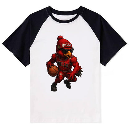 Windy City Hawk wearing Bulls beanie with six rings patch and wayfarer - Contrast Raglan T-shirt - Black