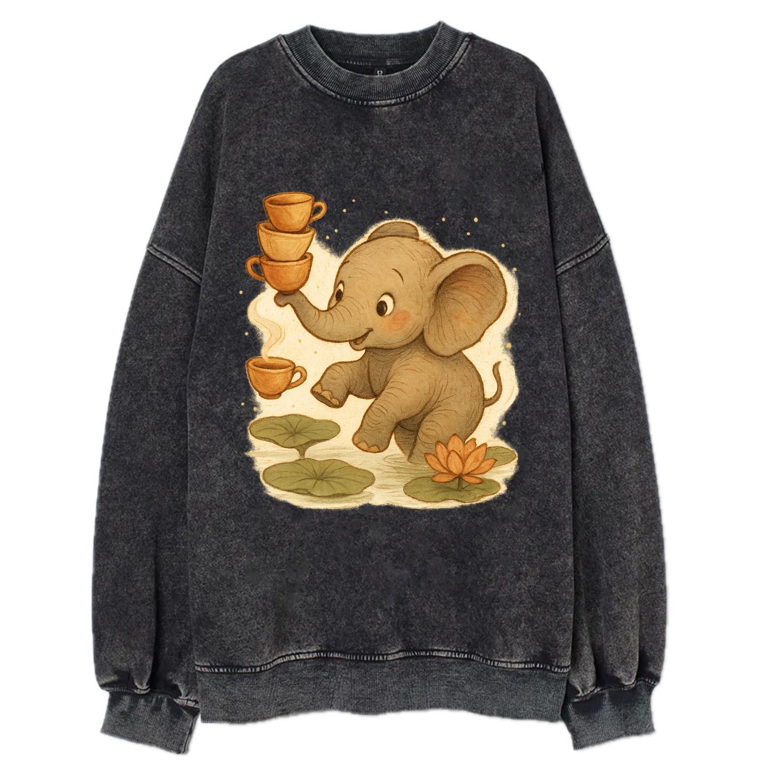 Elephant balancing teacups during a floating tea ceremony beside lotus ponds - Vintage Sweatshirt - Black