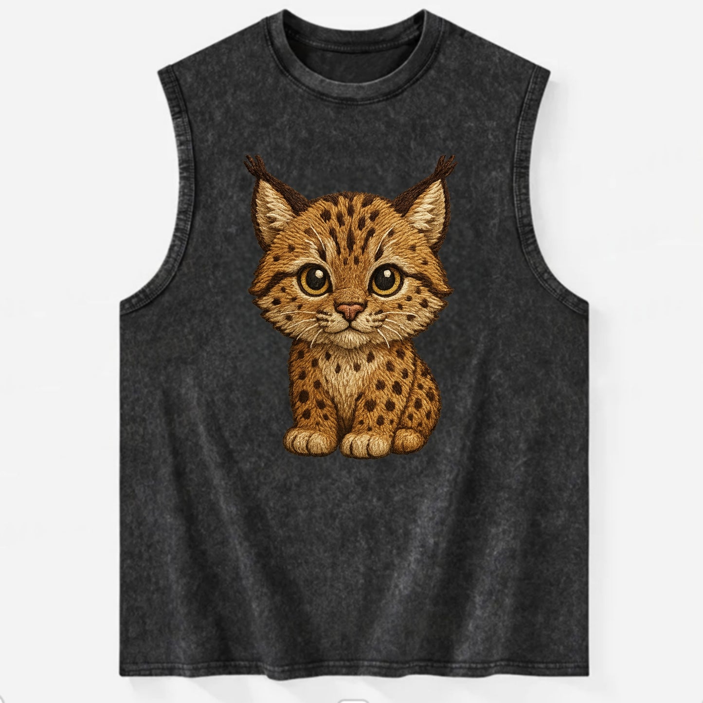 Baby Lynx Cub - tufted ears, spotted fur, golden eyes, front-facing, wild baby - Vintage Washed Tank - Black
