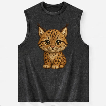 Baby Lynx Cub - tufted ears, spotted fur, golden eyes, front-facing, wild baby - Vintage Washed Tank - Black