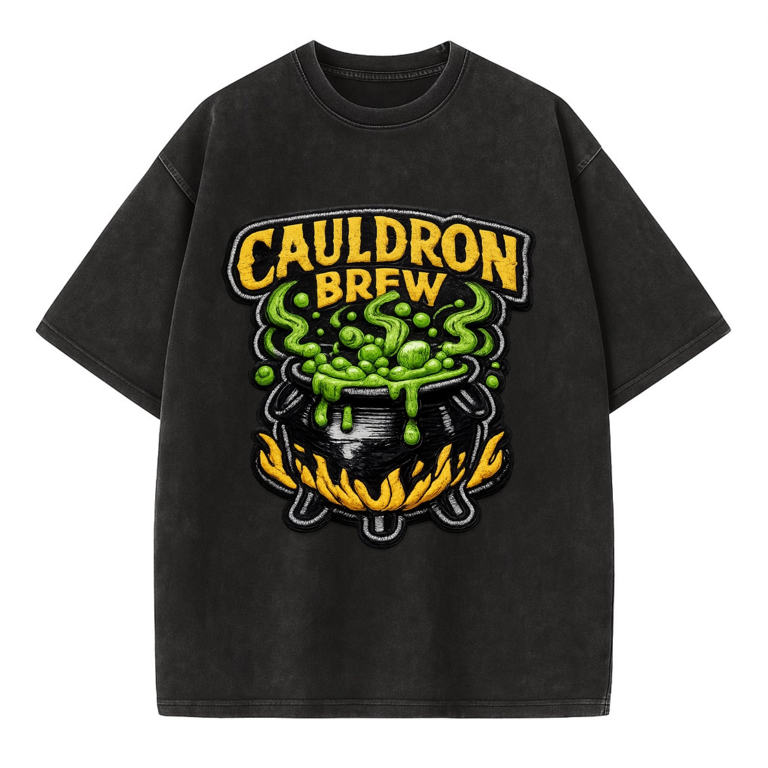 CAULDRON BREW - bubbling pot in black and green , witch craft - Vintage T-shirt - Black
