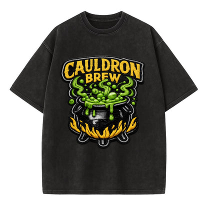 CAULDRON BREW - bubbling pot in black and green , witch craft - Vintage T-shirt - Black