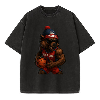 Motor City Wolverine wearing Pistons beanie with gear patch and wayfarer - Vintage T-shirt - Black