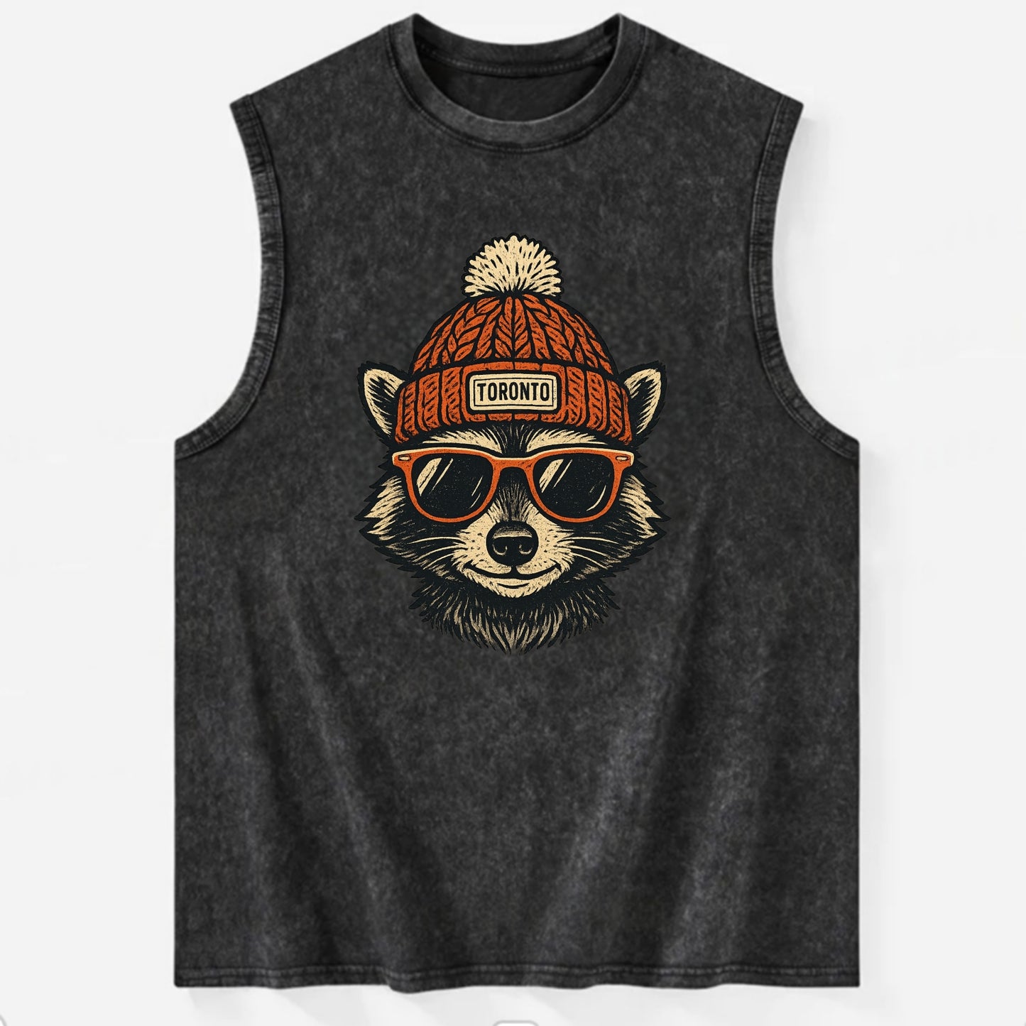 Toronto Raccoon wearing Toronto beanie with pom pom and wayfarer sunglasses - Vintage Washed Tank - Black
