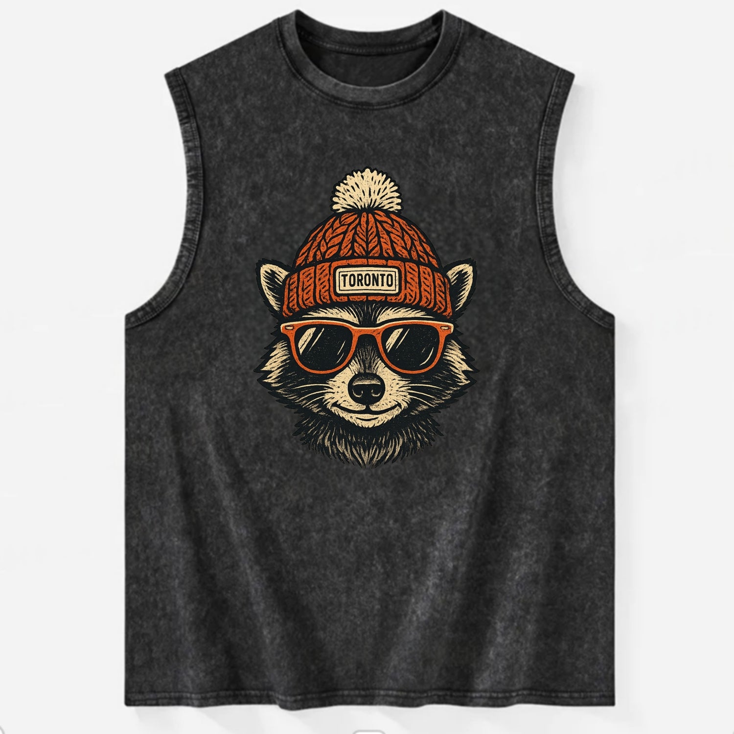 Toronto Raccoon wearing Toronto beanie with pom pom and wayfarer sunglasses - Vintage Washed Tank - Black
