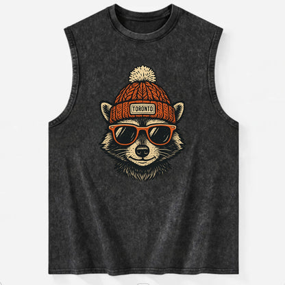Toronto Raccoon wearing Toronto beanie with pom pom and wayfarer sunglasses - Vintage Washed Tank - Black