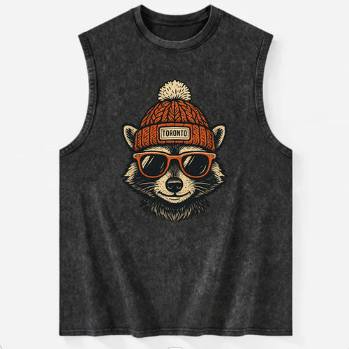 Toronto Raccoon wearing Toronto beanie with pom pom and wayfarer sunglasses - Vintage Washed Tank