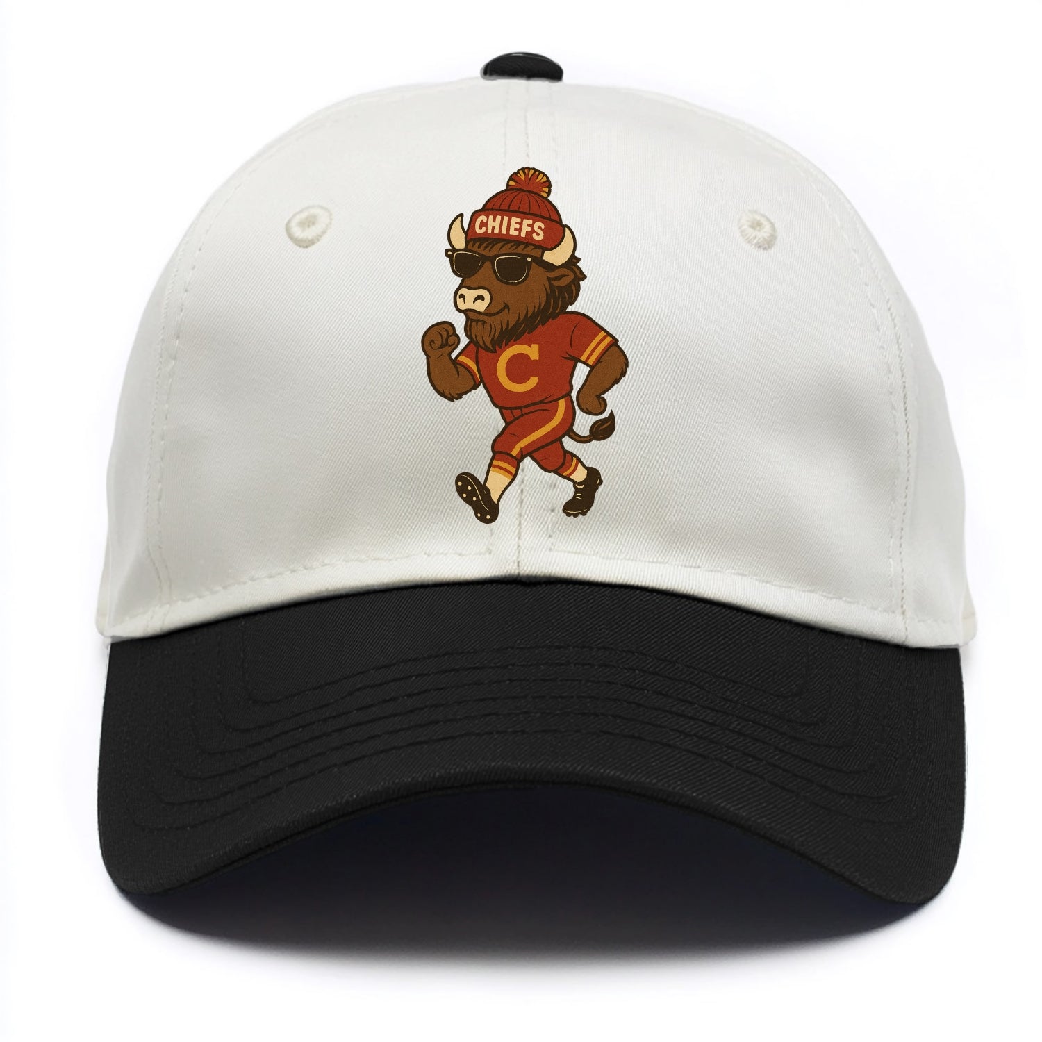 KC Bison wearing Chiefs beanie with arrowhead patch and wayfarer sunglasses - Two Tone Cap - Black