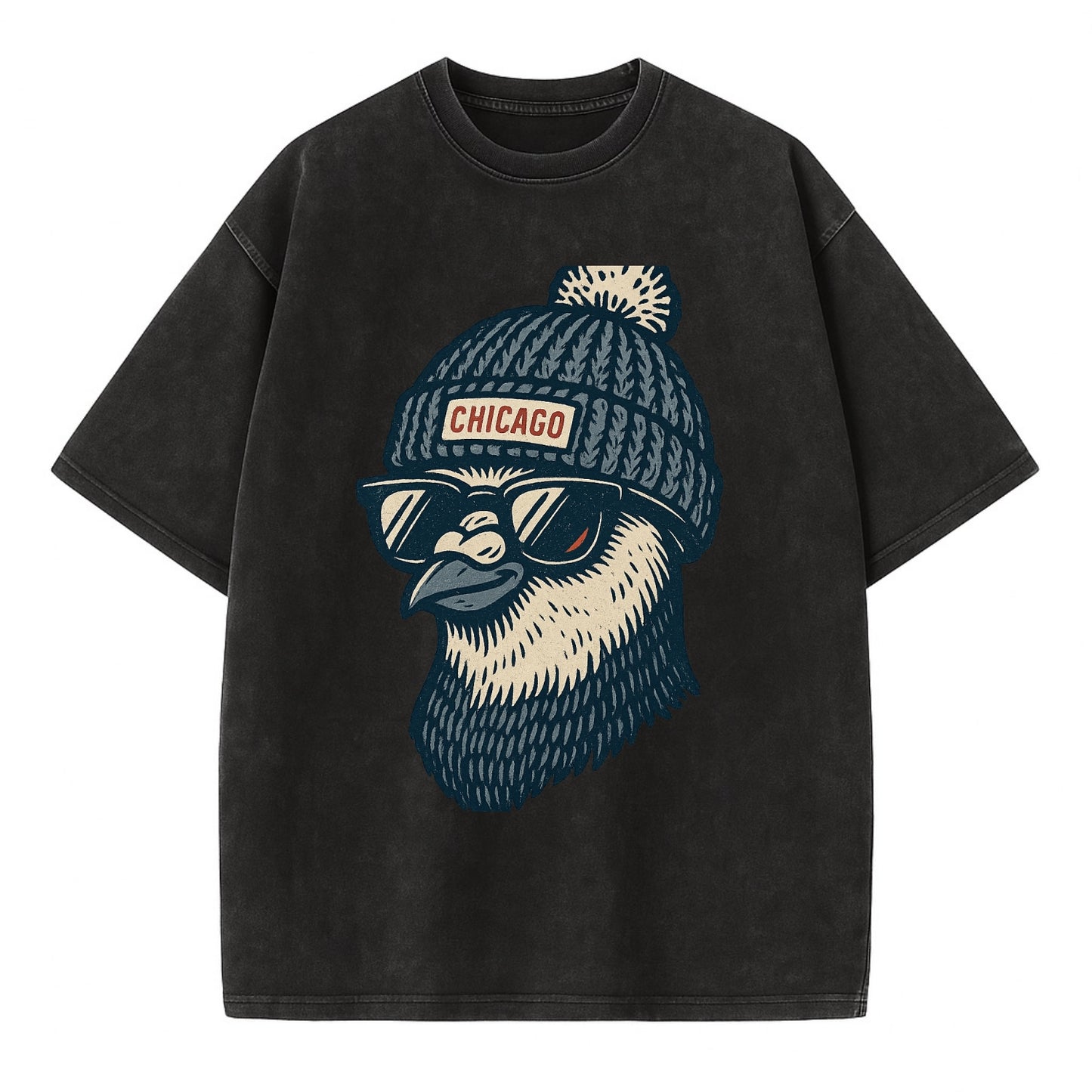Chicago Pigeon wearing Chicago beanie with pom pom and wayfarer sunglasses - Vintage T-shirt - Black