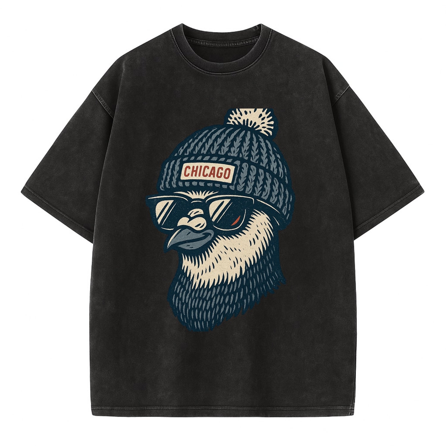 Chicago Pigeon wearing Chicago beanie with pom pom and wayfarer sunglasses - Vintage T-shirt - Black