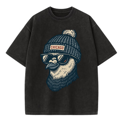 Chicago Pigeon wearing Chicago beanie with pom pom and wayfarer sunglasses - Vintage T-shirt - Black