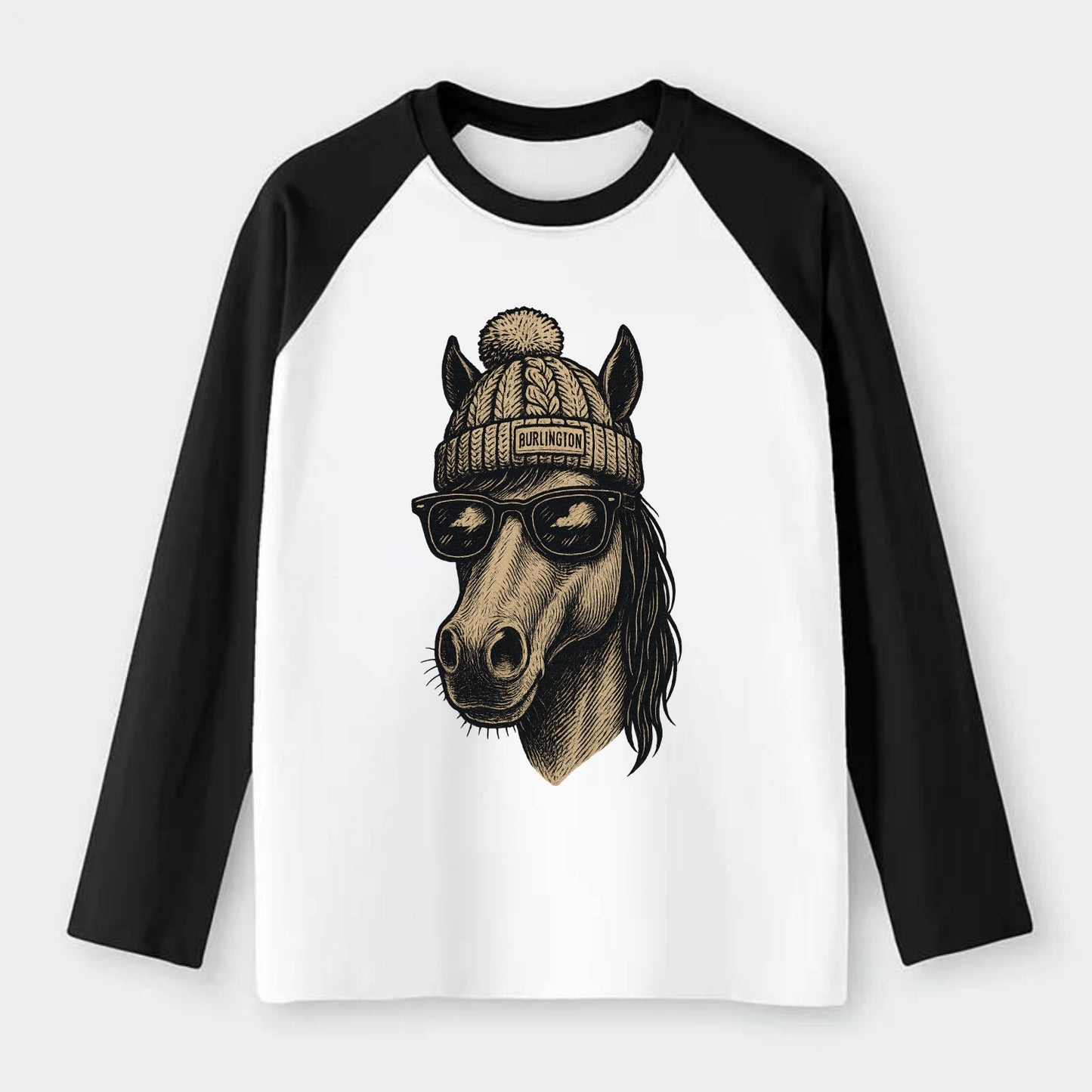 Vermont Morgan Horse wearing Burlington beanie with pom pom and - Raglan Long Sleeve T-Shirt - Black