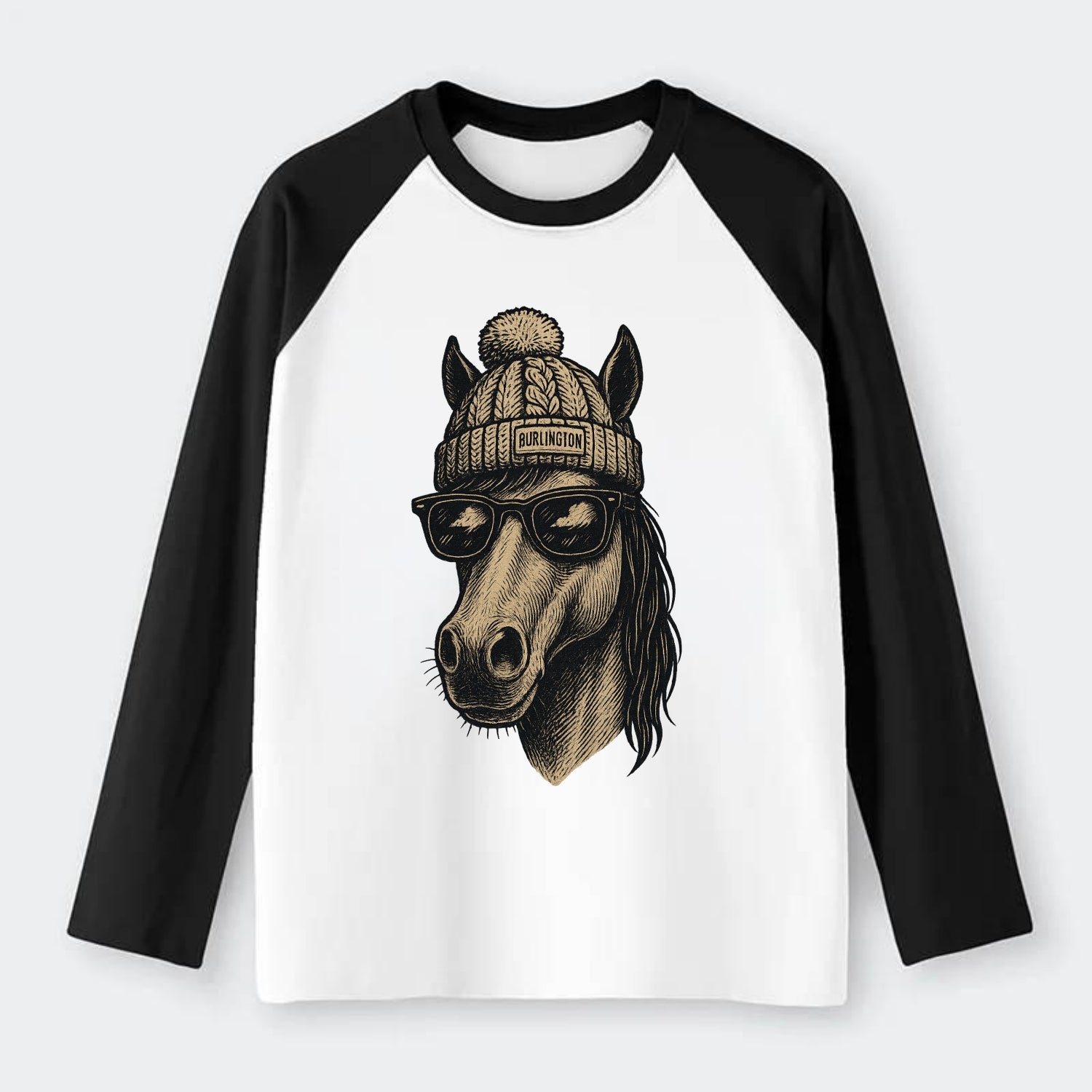 Vermont Morgan Horse wearing Burlington beanie with pom pom and - Raglan Long Sleeve T-Shirt - Black