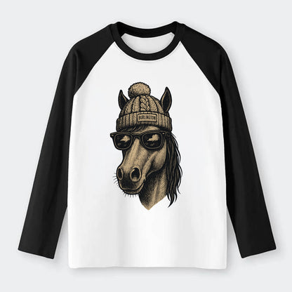 Vermont Morgan Horse wearing Burlington beanie with pom pom and - Raglan Long Sleeve T-Shirt - Black
