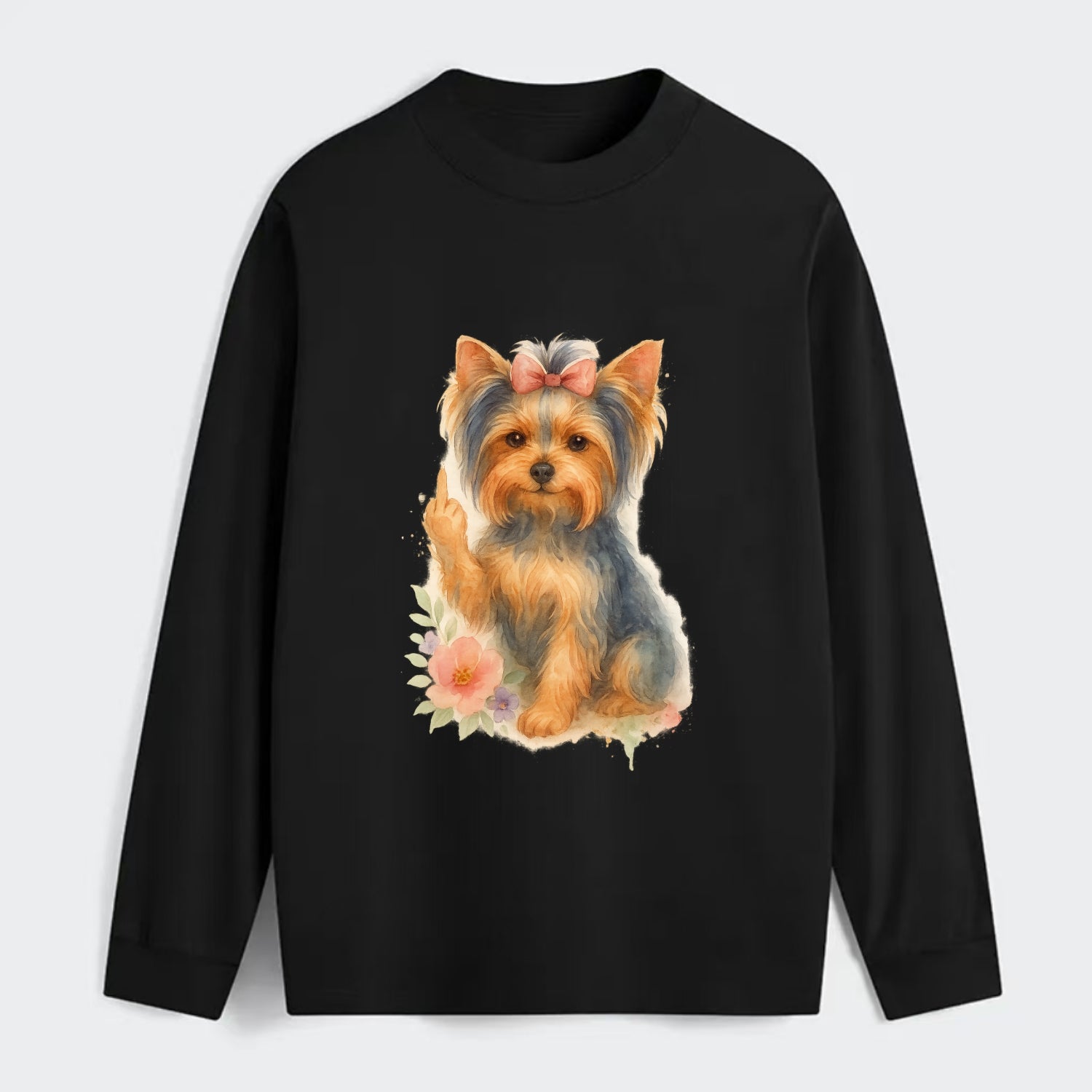 Yorkshire Terrier with topknot bow, one delicate paw flipping off - Classic Long Sleeve Shirt - Black