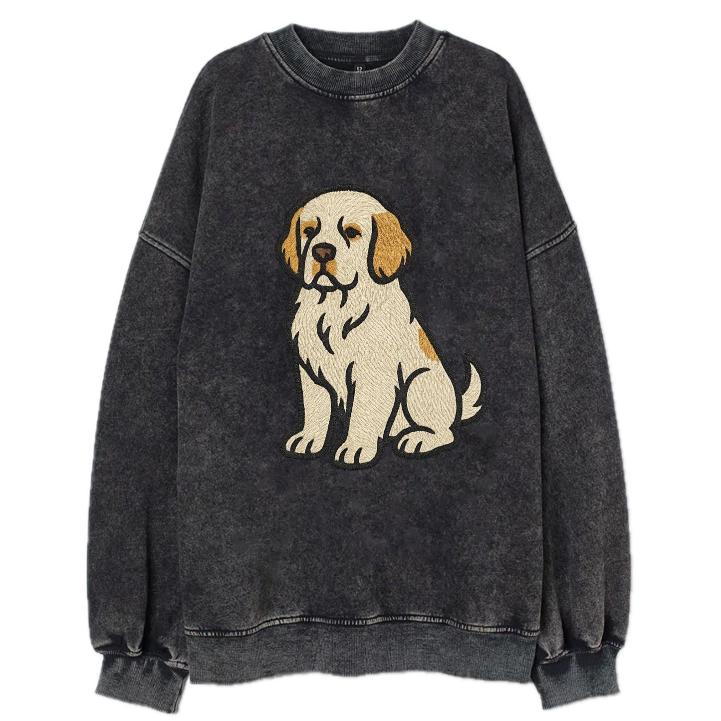 Clumber Spaniel - White with lemon markings embroidered pose - Vintage Sweatshirt - Black