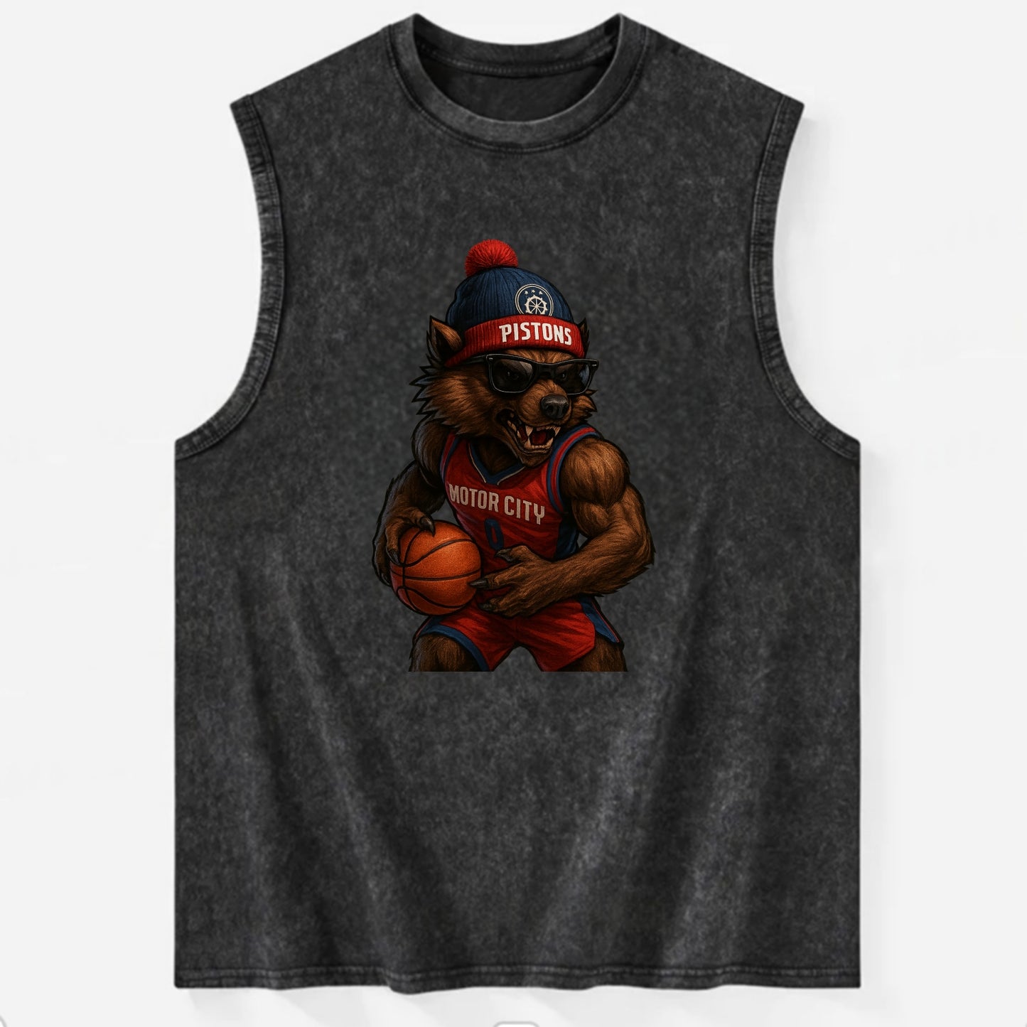 Motor City Wolverine wearing Pistons beanie with gear patch and wayfarer - Vintage Washed Tank - Black