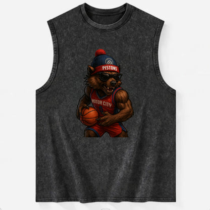 Motor City Wolverine wearing Pistons beanie with gear patch and wayfarer - Vintage Washed Tank - Black