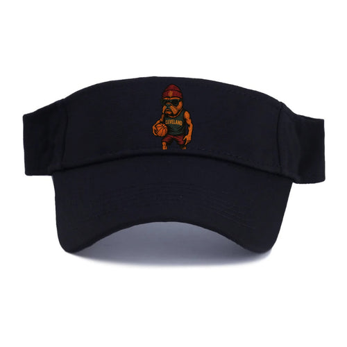 Cleveland Bulldog wearing Cavaliers wine and gold beanie with sword patch and wayfarer - Visor