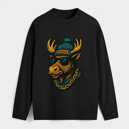 Alaska Moose wearing Anchorage beanie with pom pom and wayfarer - Classic Long Sleeve Shirt - Black