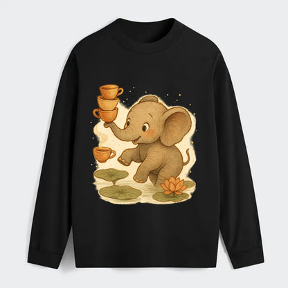Elephant balancing teacups during a floating tea ceremony beside lotus - Classic Long Sleeve Shirt - Black