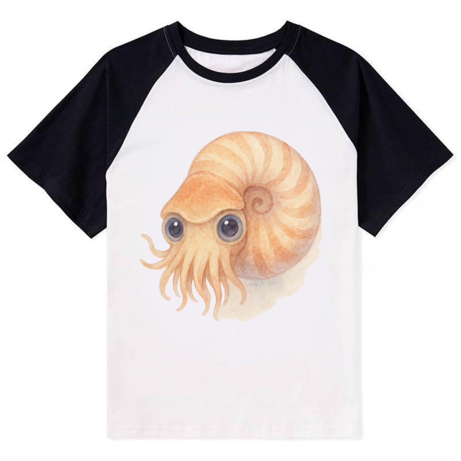 Baby Nautilus - spiral shell, tentacles peeking, ancient eyes, - Contrast Raglan T-shirt - Black