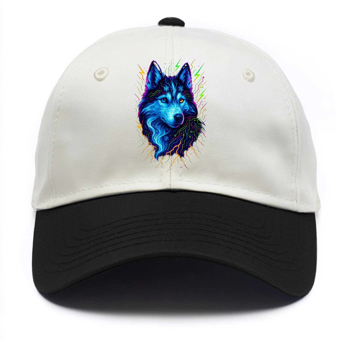 Siberian husky with ice-crystal flowing patterns, electric blue and white swirls, - Two Tone Cap - Black