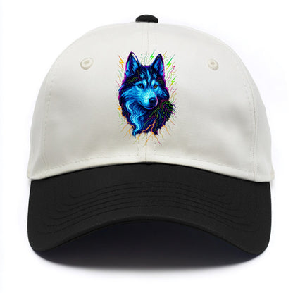 Siberian husky with ice-crystal flowing patterns, electric blue and white swirls, - Two Tone Cap - Black