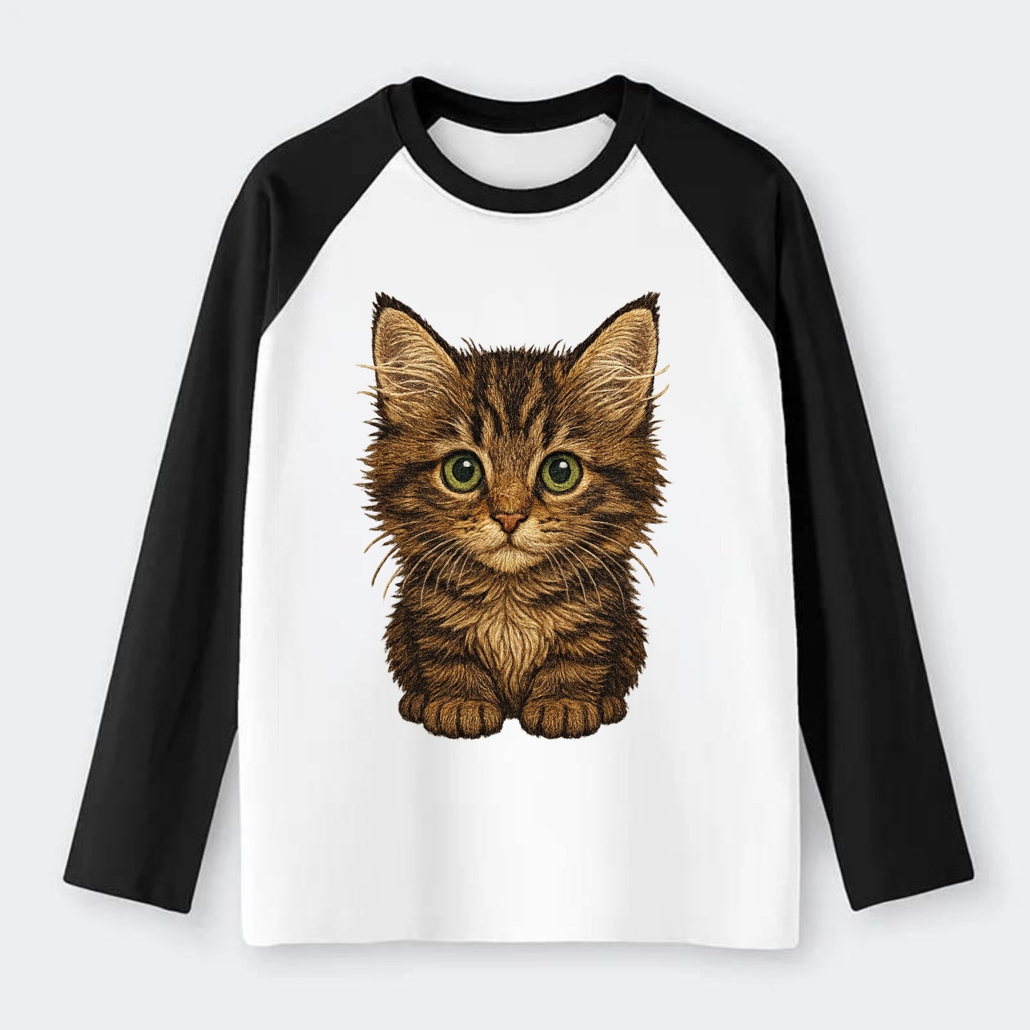 Baby Maine Coon Kitten - large fluffy tabby, tufted ears, big green - Raglan Long Sleeve T-Shirt - Black