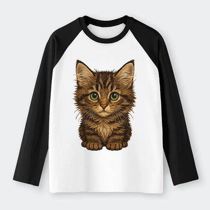 Baby Maine Coon Kitten - large fluffy tabby, tufted ears, big green - Raglan Long Sleeve T-Shirt - Black