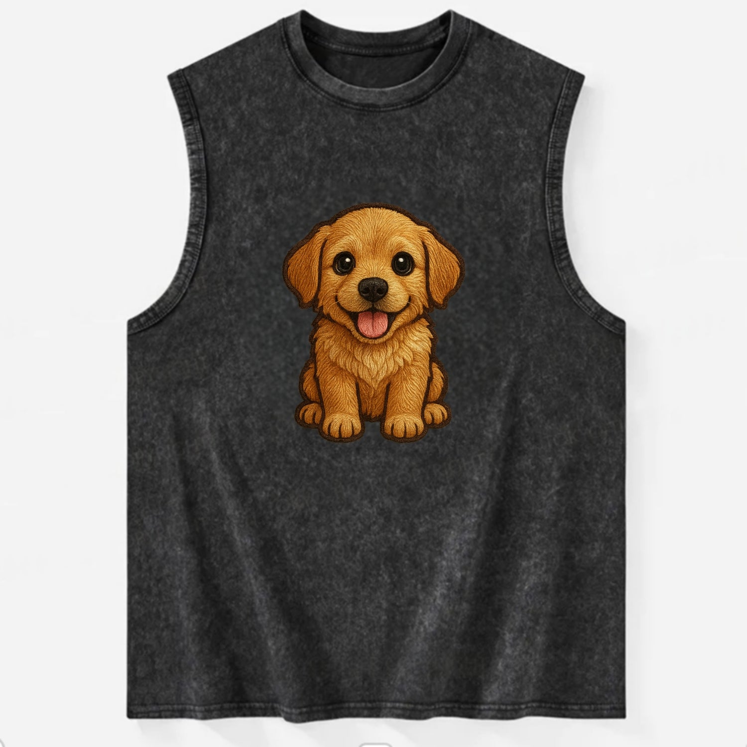 Baby Golden Retriever Puppy - fluffy golden fur, big brown eyes, pink tongue, - Vintage Washed Tank - Black