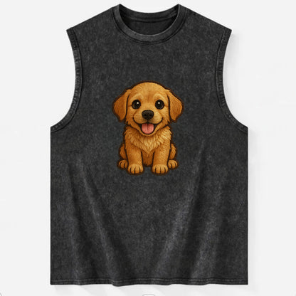 Baby Golden Retriever Puppy - fluffy golden fur, big brown eyes, pink tongue, - Vintage Washed Tank - Black