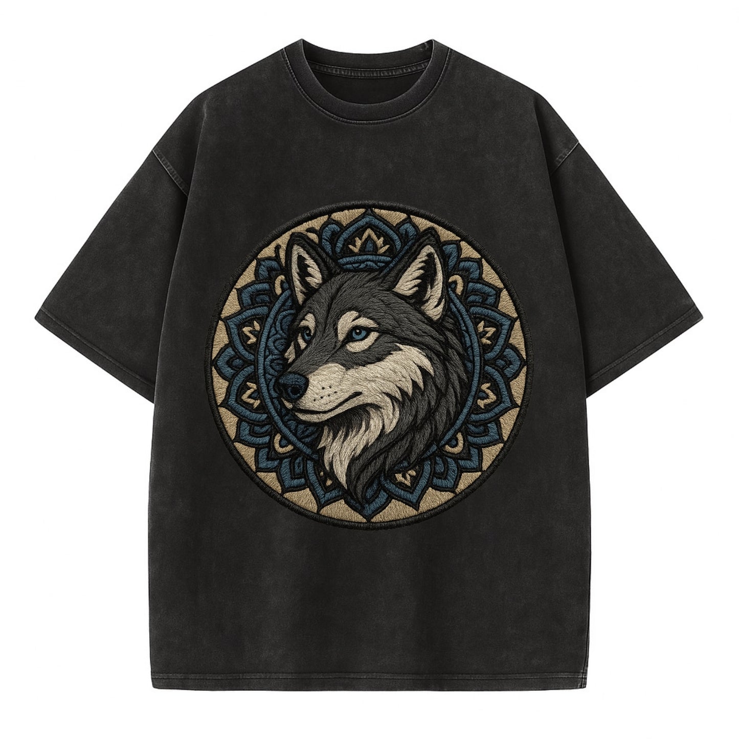 Mandala Wolf Pattern  - Vintage T-shirt - Black