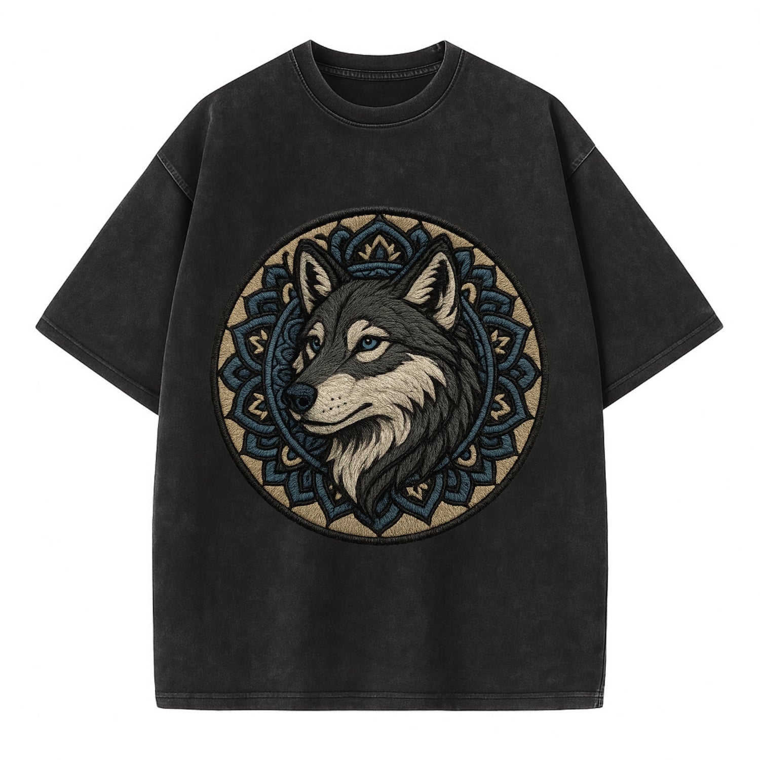 Mandala Wolf Pattern  - Vintage T-shirt - Black