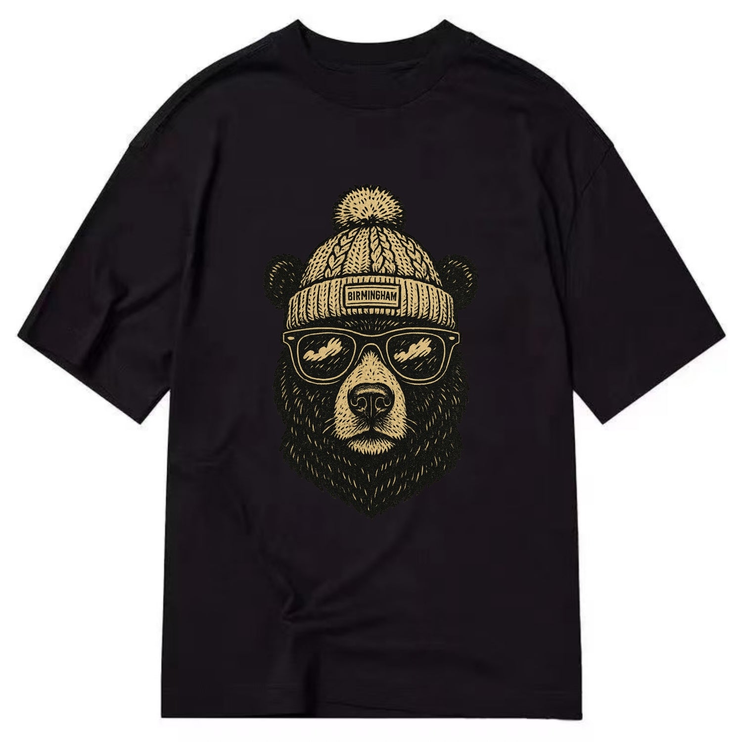 Alabama Black Bear wearing Birmingham beanie with pom pom and wayfarer sunglasses - Classic T-shirt - Black